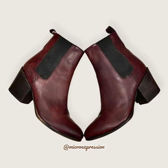 Frye Cherry Burgundy Red Genuine Leather Vintage-Retro Moto Gore Stretch Bootie - Picture 10 of 10